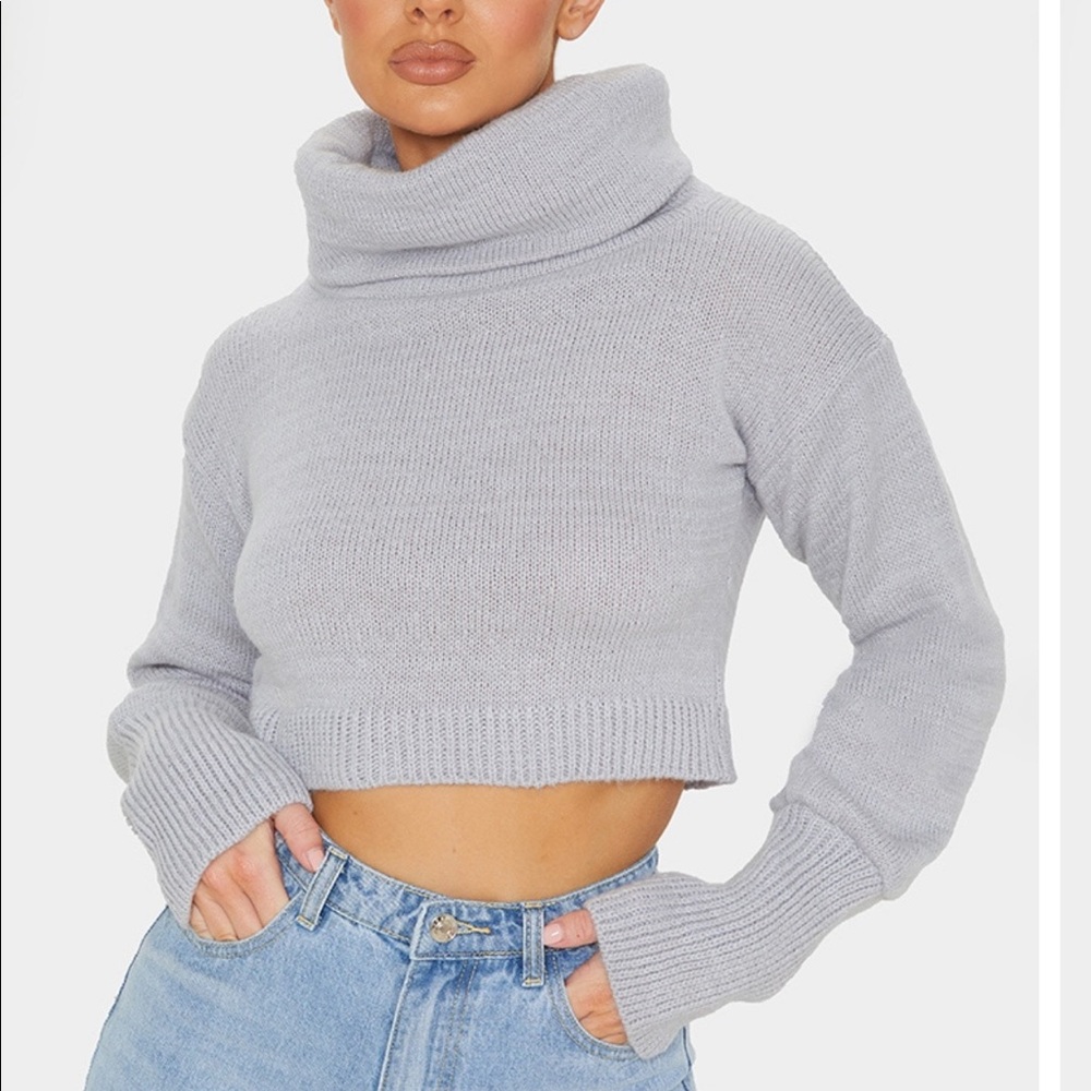 Prettylittlething Grey Roll Neck Cropped Jumper